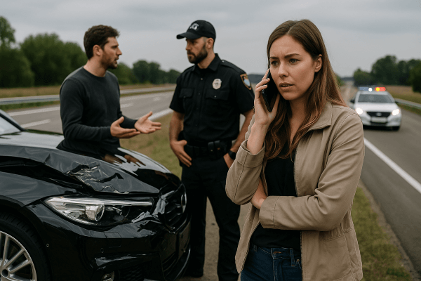 Woman with officer after a a car accident- Coon Rapids Collision-What to do After an Accident