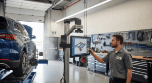 Technician performing frame straightening on an SUV using hydraulic equipment and digital measuring tools inside a modern Coon Rapids auto body repair shop