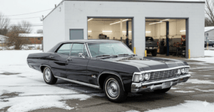 Well-maintained classic sedan with polished chrome parked by a Coon Rapids auto body shop in winter with light snow on the ground.