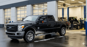 Large black Ford pickup truck with winter road salt on panels parked outside a Coon Rapids auto body repair shop during snowfall.