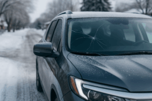 Cracked windshield on an SUV in Coon Rapids during winter with snow and frost highlighting the damage.