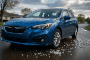 Paintless Dent Repairs for a Blue sedan with hail dents on hood and roof parked outdoors in Coon Rapids after a storm.