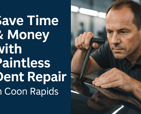 A technician performs paintless dent repair on a car panel inside a shop, with bold text reading “Save Time & Money with Paintless Dent Repair in Coon Rapids” on a blue background.