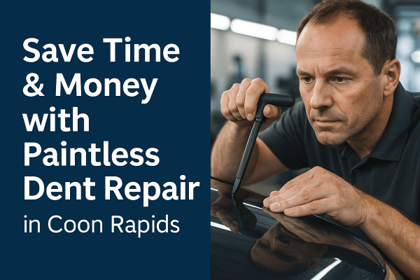 A technician performs paintless dent repair on a car panel inside a shop, with bold text reading “Save Time & Money with Paintless Dent Repair in Coon Rapids” on a blue background.