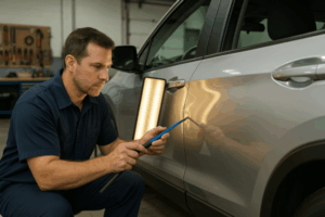 Technician using specialized tools to perform paintless dent repair on a silver SUV inside Coon Rapids Collision auto body shop.