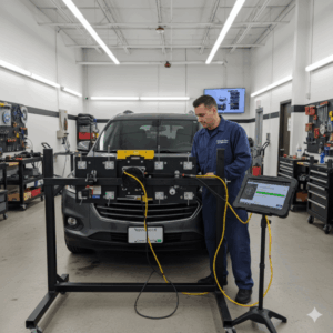Technician recalibrating ADAS sensors after windshield replacement