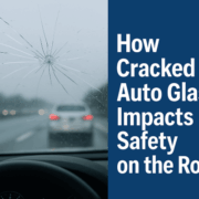 Driver’s view through a cracked windshield on a rainy highway, with blurred cars ahead and bold text on the right reading “How Cracked Auto Glass Impacts Safety on the Road.”