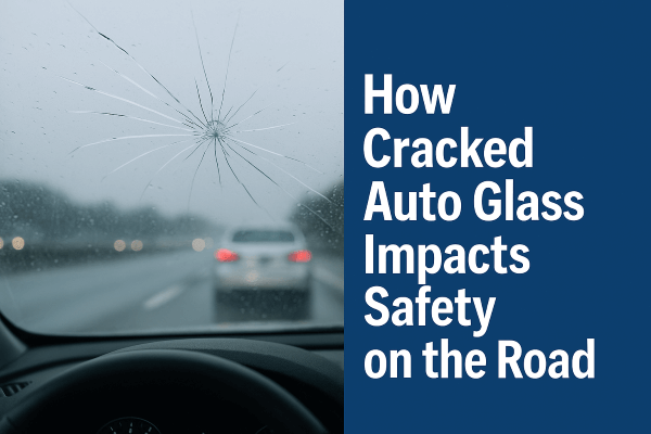 Driver’s view through a cracked windshield on a rainy highway, with blurred cars ahead and bold text on the right reading “How Cracked Auto Glass Impacts Safety on the Road.”