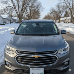 Cracked windshield on an SUV in Coon Rapids during winter with snow and frost highlighting the damage.