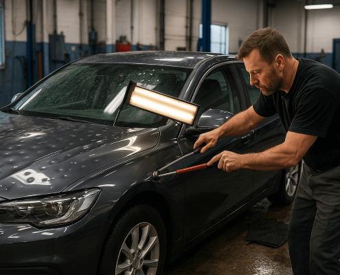 A technician performs paintless dent repair on a dark sedan with hail damage in a professional auto body shop, using specialized tools under bright lighting.