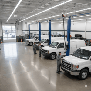 Technicians performing fleet auto body services on business vehicles at Coon Rapids Collision in a clean, professional repair shop