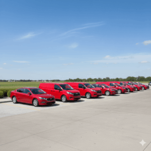 Fleet vehicles freshly detailed and lined up outside Coon Rapids Collision, representing professional fleet auto body maintenance services