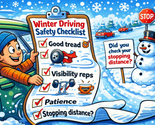 Winter Safety Driving Check list cartoon - man with check off list of driving tips for winter