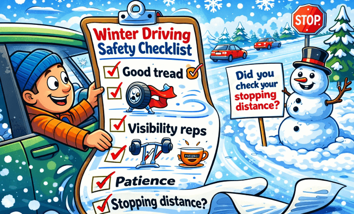 Winter Safety Driving Check list cartoon - man with check off list of driving tips for winter
