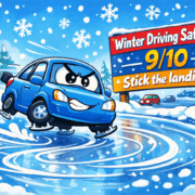 small sedan figure skating across an icy Minnesota road (cartoon)