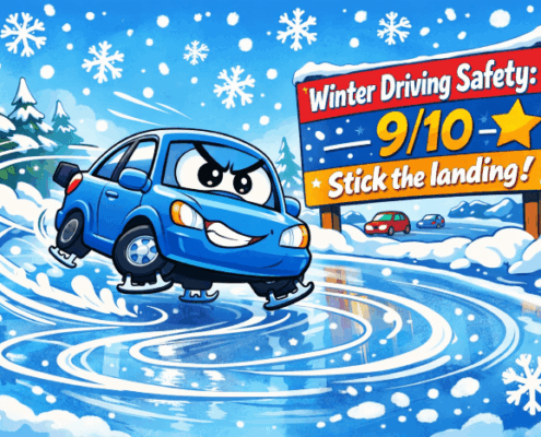 small sedan figure skating across an icy Minnesota road (cartoon)