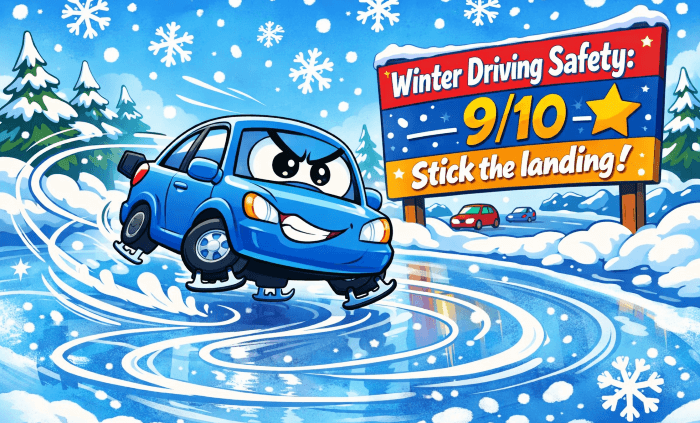 small sedan figure skating across an icy Minnesota road (cartoon)