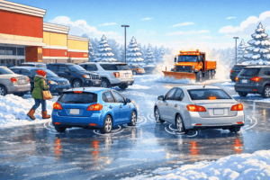 Playful winter parking-lot scene with cars ‘tip-toeing’ on ice...