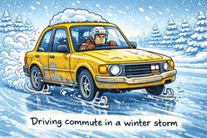 cartoon depicting Winter driving in an ice storm